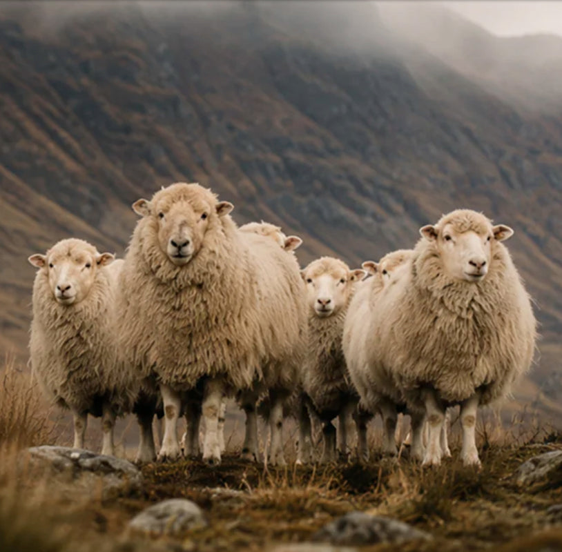 A group of sheep in front of a mountain 